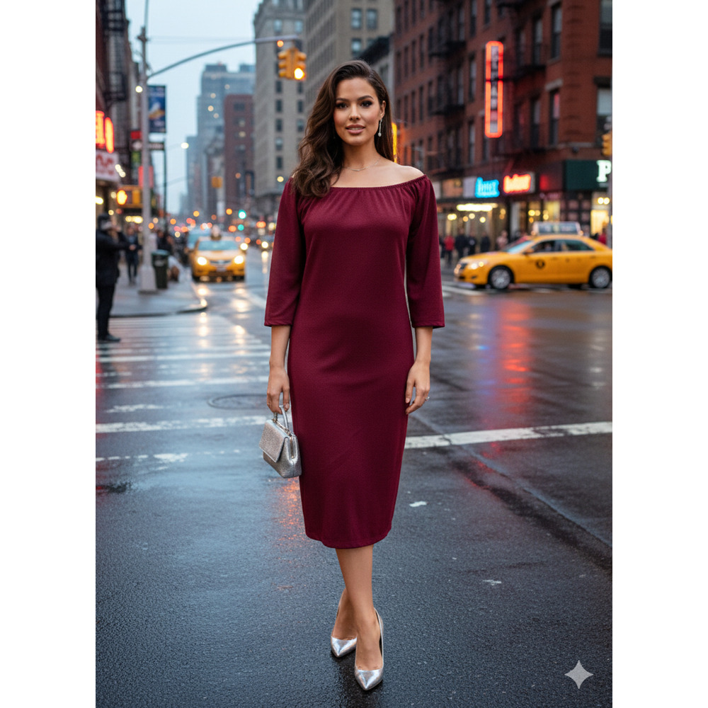 Ashley Stewart Wine Red‎ Off Shoulder Midi Dress 10/12 NWT Bodycon Curvy Holiday